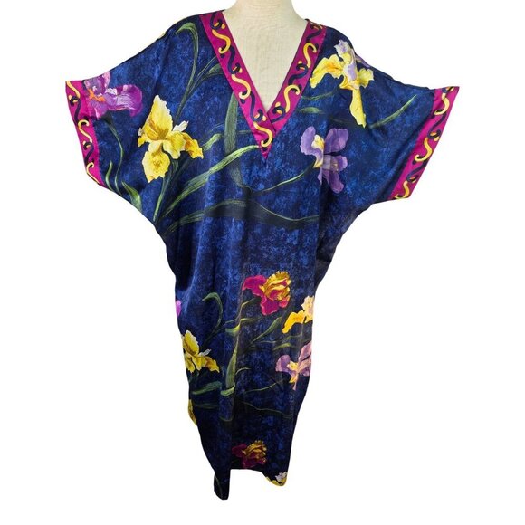 Calypso by Delicates 90s Tropical Caftan Dress Womens OS Pastel Floral on Blue - Picture 9 of 9